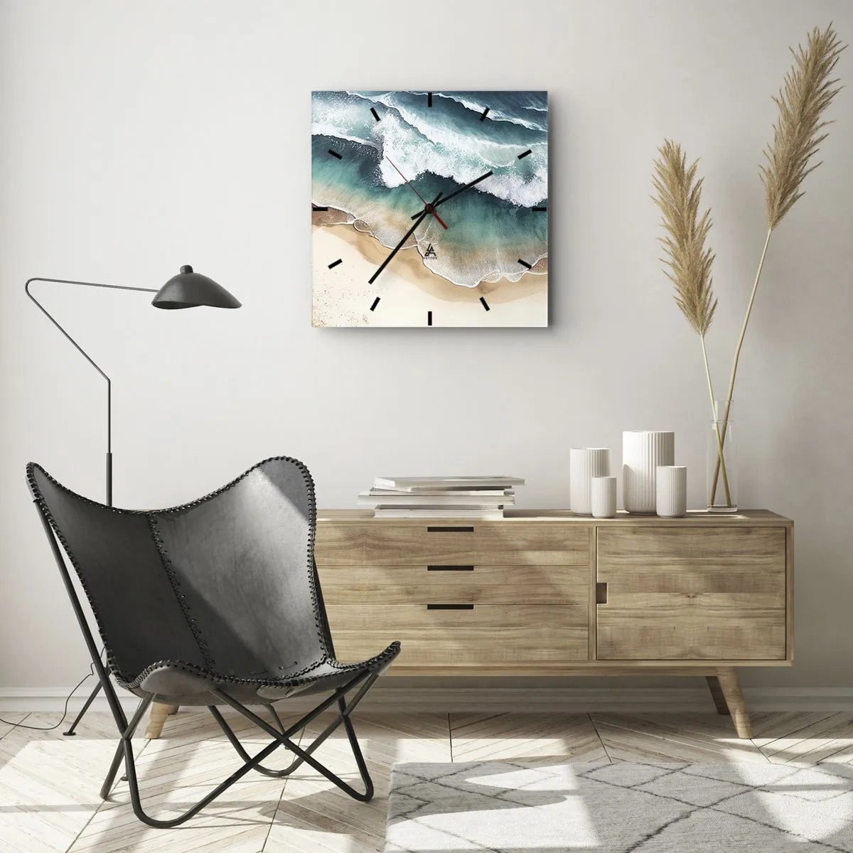 Wanduhr - Glasuhr - Blick auf den Strand und die Meereswellen in Türkistönen - 30x30cm - Das ewige Treffen - Moderne Wanddekoration für Wohnzimmer und Schlafzimmer ARTTOR