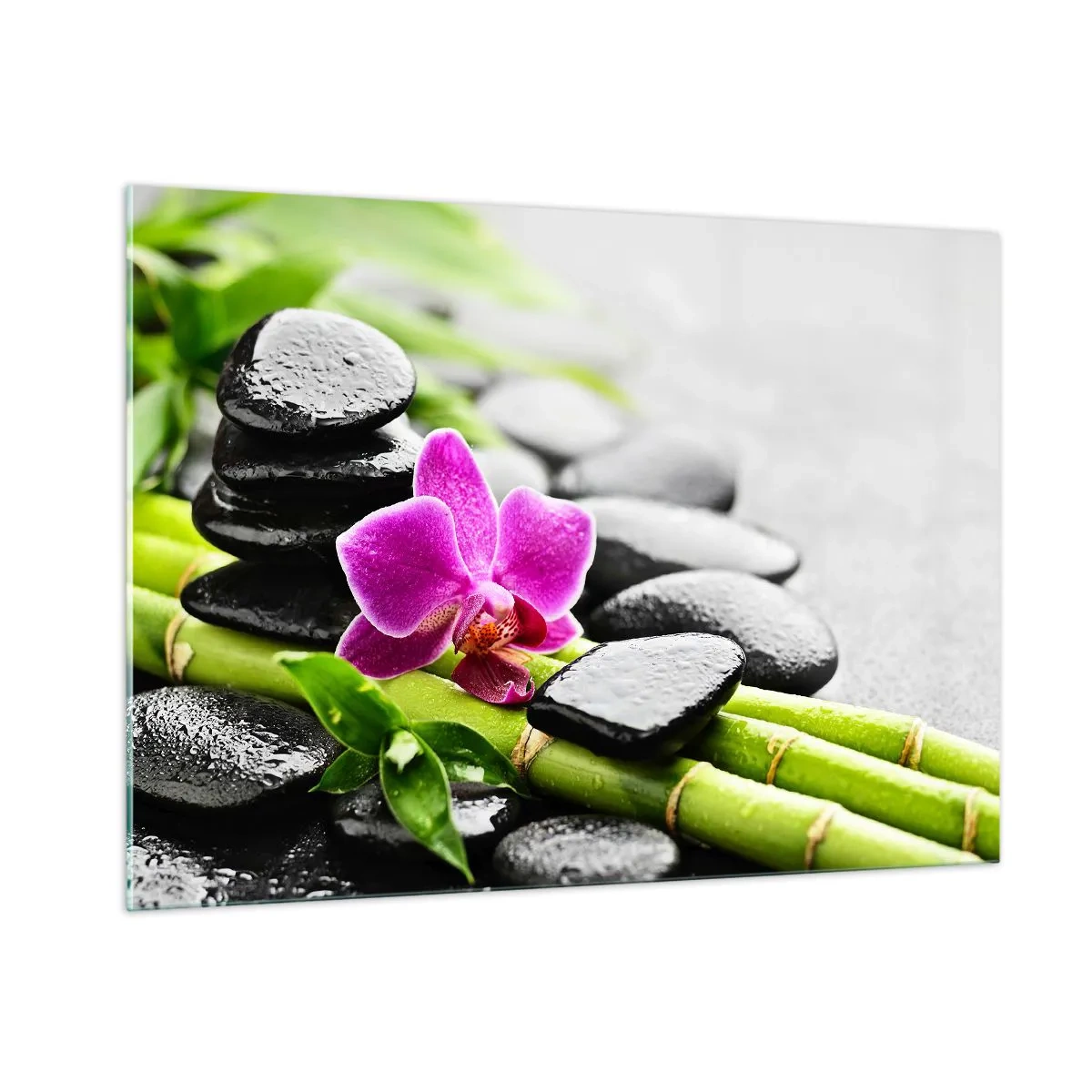Glasbild - Bild auf glas - Orchidee, schwarze Steine und Bambus in einem ruhigen Arrangement - 100x70cm - In ruhiger Balance - Moderne Wanddekoration für Wohnzimmer und Schlafzimmer ARTTOR