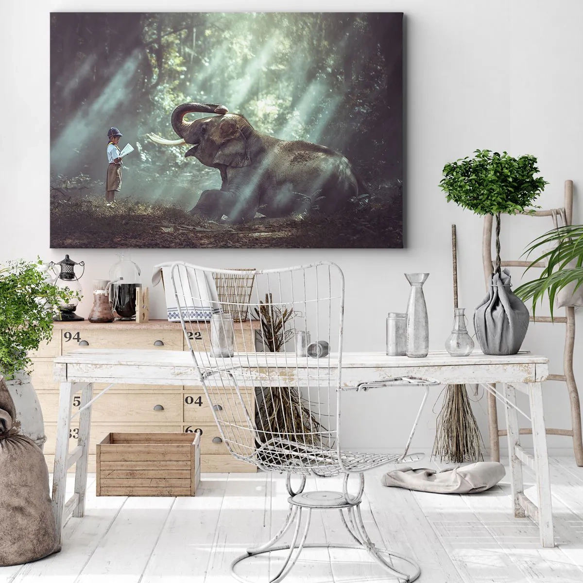 Bild auf Leinwand - Leinwandbild - Ein Junge und ein Elefant in einer sonnenbeschienenen Waldlandschaft - 70x50cm - Und hör dir das an... - Moderne Wanddekoration für Wohnzimmer und Schlafzimmer ARTTOR
