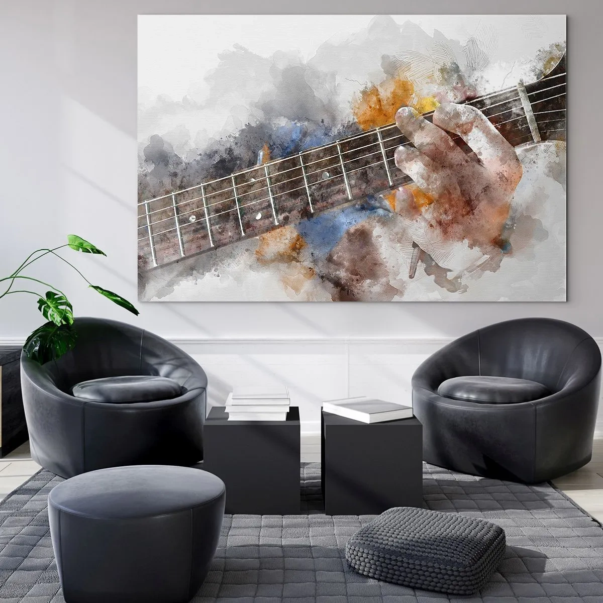 Glasbild - Bild auf glas - Aquarellmotiv einer Gitarre spielenden Hand - 100x70cm - Poesie zwischen den Saiten - Moderne Wanddekoration für Wohnzimmer und Schlafzimmer ARTTOR