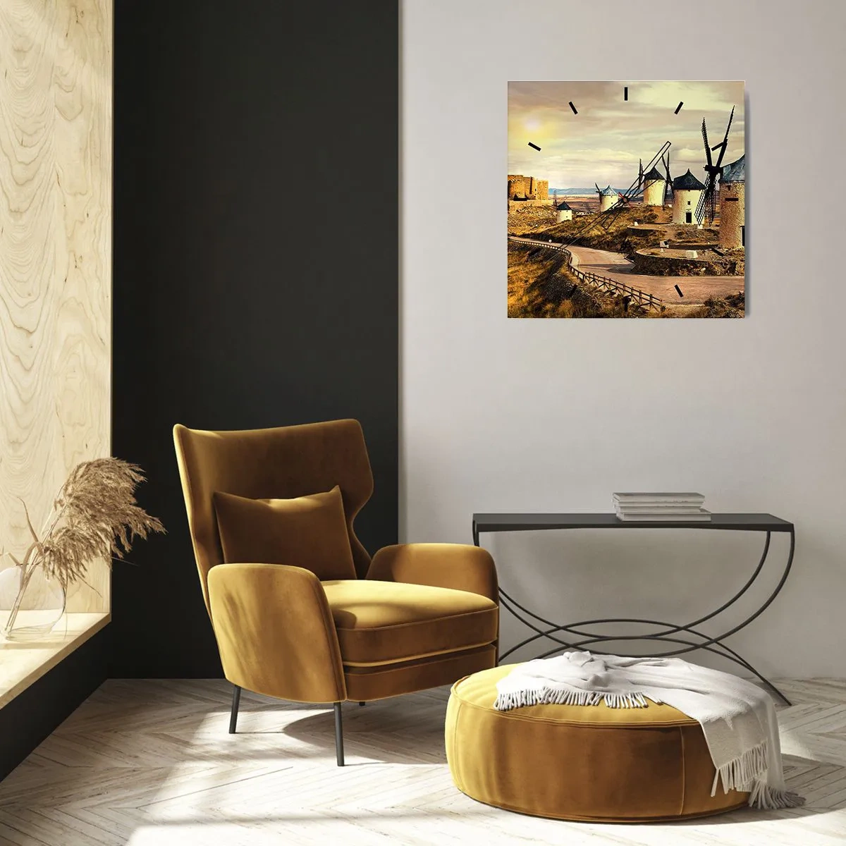 Wanduhr - Glasuhr - Windmühlen auf den Hügeln mit einer historischen Burg im Hintergrund - 30x30cm - Don Quijote kommt gleich - Moderne Wanddekoration für Wohnzimmer und Schlafzimmer ARTTOR