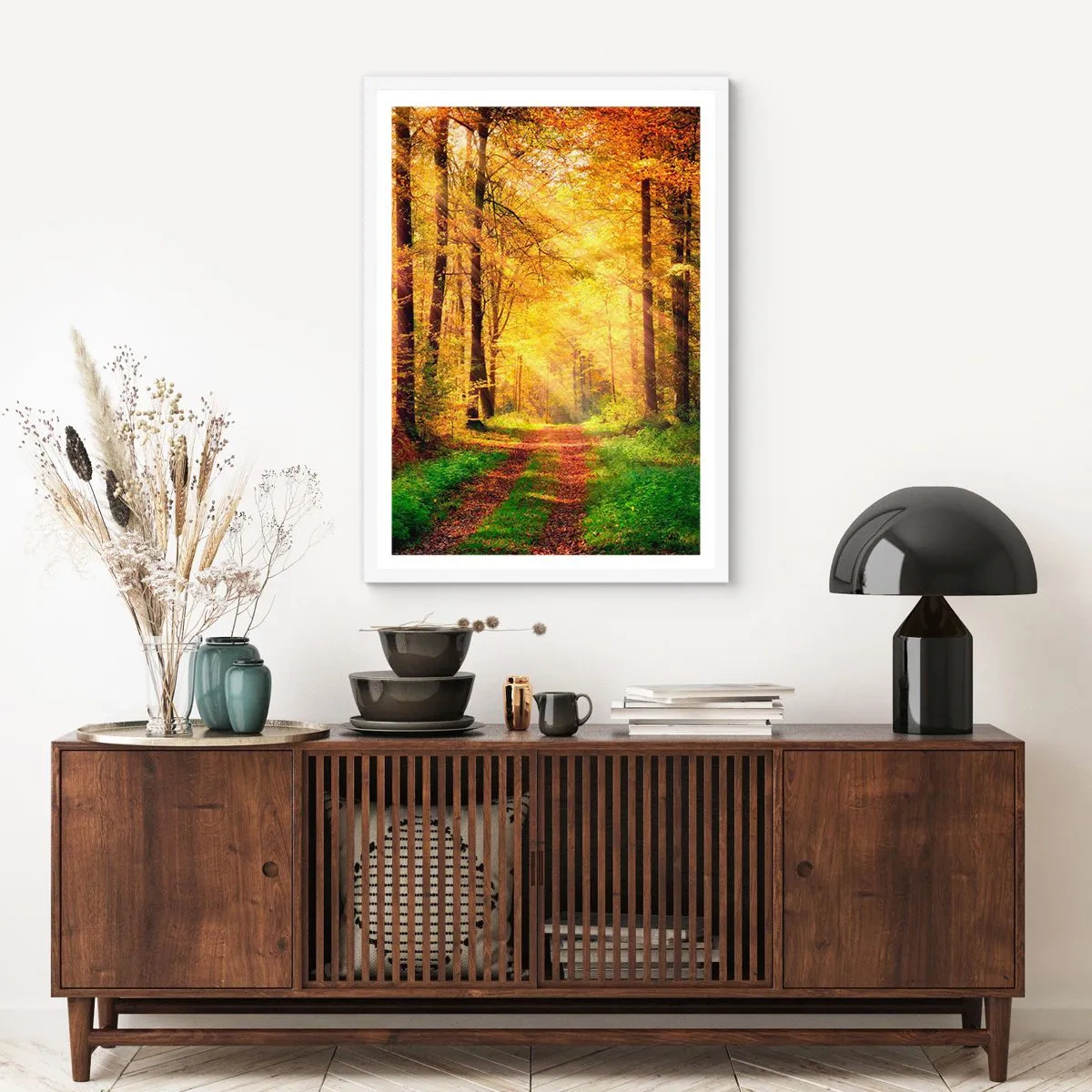 Poster in einem weißen Rahmen - Waldgoldene Stille - 70x100 cm