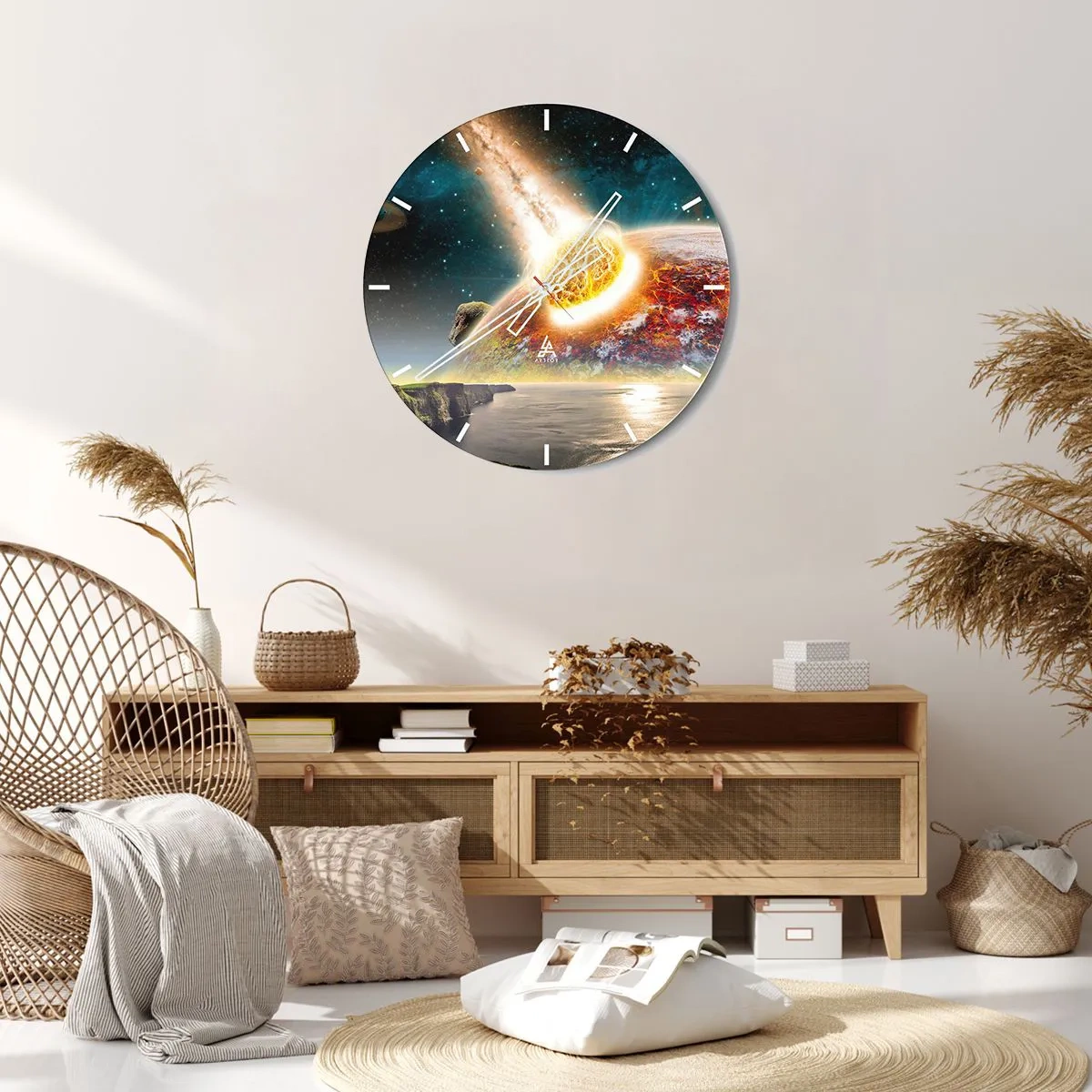 Wanduhr - Glasuhr - Asteroidenkollision mit der Erde im kosmischen Hintergrund - 30x30cm - Kosmisches Drama - Moderne Wanddekoration für Wohnzimmer, Küche und Schlafzimmer ARTTOR