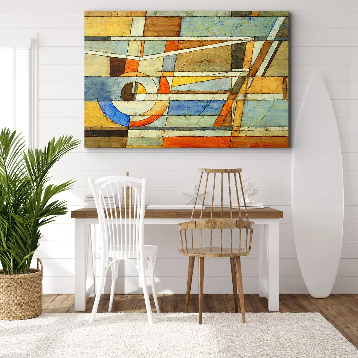 Bild auf Leinwand - Leinwandbild - Geometrische Abstraktion in Beige-, Blau- und Orangetönen - 70x50cm - Kubismus auf der Baustelle - Moderne Wanddekoration für Wohnzimmer und Schlafzimmer ARTTOR