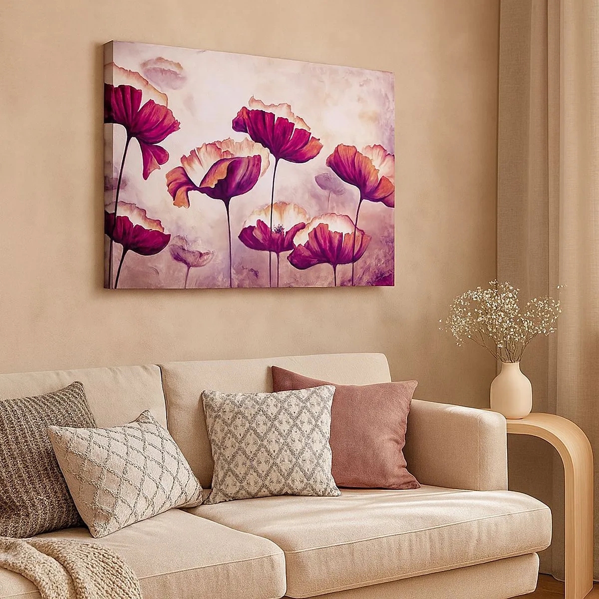 Bild auf Leinwand - Leinwandbild - Blumen in Rot- und Weißtönen auf dezentem Hintergrund - 70x50cm - Rotes und weißes Blütenblatt - Moderne Wanddekoration für Wohnzimmer und Schlafzimmer ARTTOR