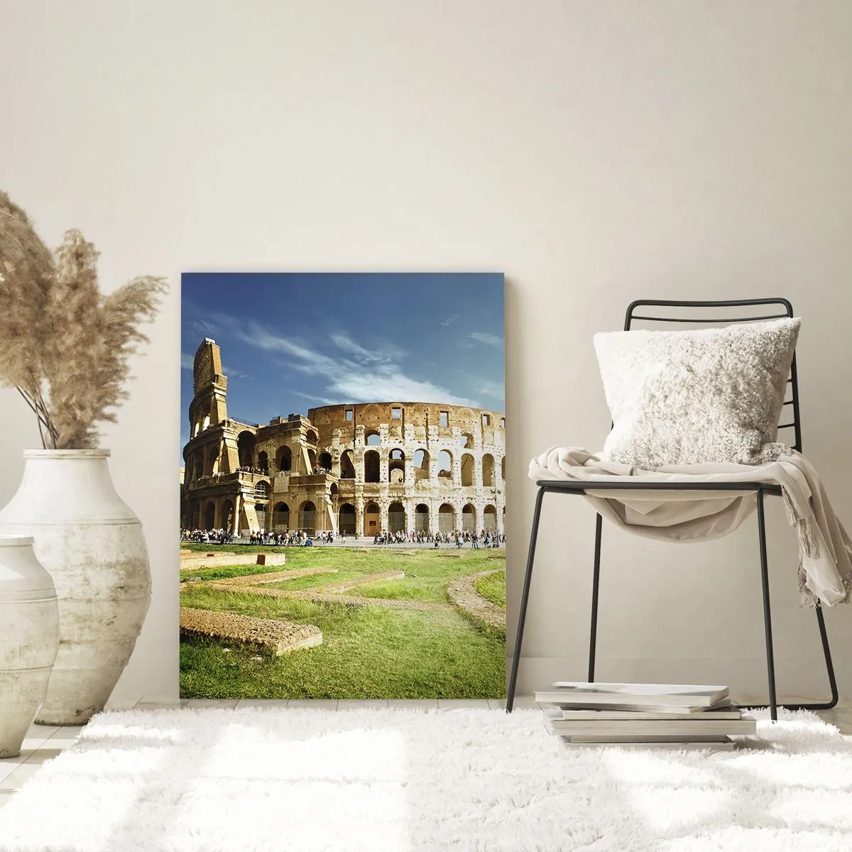 Glasbild - Bild auf glas - Das Kolosseum in Rom, umgeben von Grün und blauem Himmel - 70x100cm - Wir können immer noch das Knallen der Waffe hören - Moderne Wanddekoration für Wohnzimmer und Schlafzimmer ARTTOR
