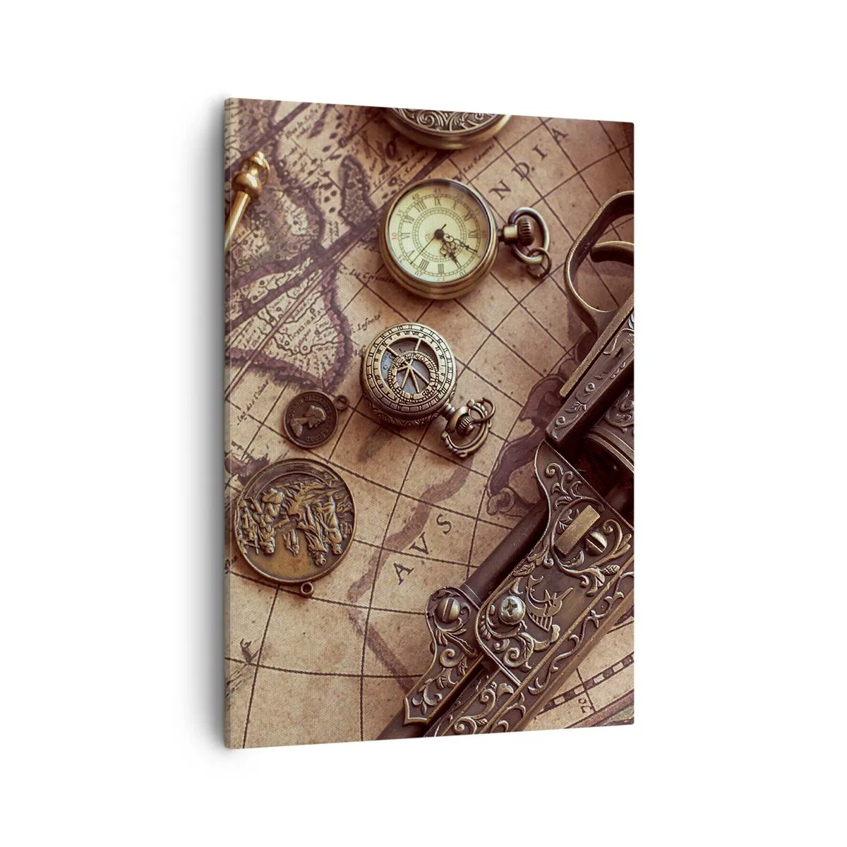 Bild auf Leinwand - Leinwandbild - Antike Gegenstände auf einer alten Karte im Retro-Stil - 50x70cm - Das Abenteuer ruft - Moderne Wanddekoration für Wohnzimmer und Schlafzimmer ARTTOR