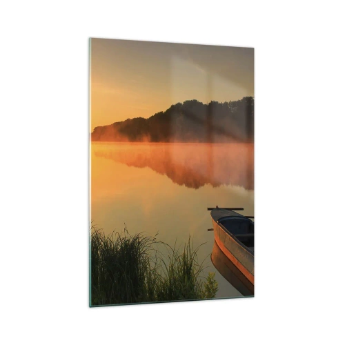 Glasbild - Bild auf glas - Morgennebel über dem Fluss mit einem Boot in den Sonnenstrahlen - 70x100cm - Sonnenaufgang über dem Wasser wie ein Spiegel - Moderne Wanddekoration für Wohnzimmer und Schlafzimmer ARTTOR
