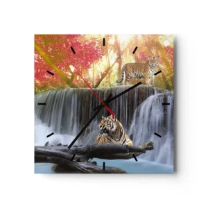 Wanduhr - Glasuhr - Tiger an einem Wasserfall im Herbstwald - 30x30cm - Surreale Landschaft - Moderne Wanddekoration für Wohnzimmer und Schlafzimmer ARTTOR