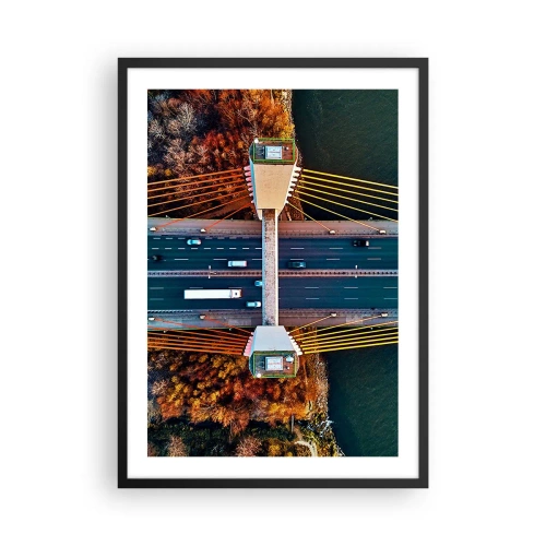 Poster in einem schwarzem Rahmen - Draufsicht auf eine moderne Brücke mit Autos und gelben Seilen - 50x70cm - Jenseits der Gewässer, jenseits der Wälder - Moderne Wanddekoration für Wohnzimmer und Schlafzimmer ARTTOR