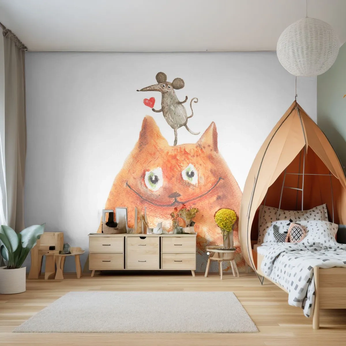 Fototapete Premium Sand - Aquarell-Illustration einer Katze mit einer Maus, die ein Herz hält - 100x70cm - Paradoxien der Liebe - Moderne Wanddekoration für Wohnzimmer und Schlafzimmer ARTTOR