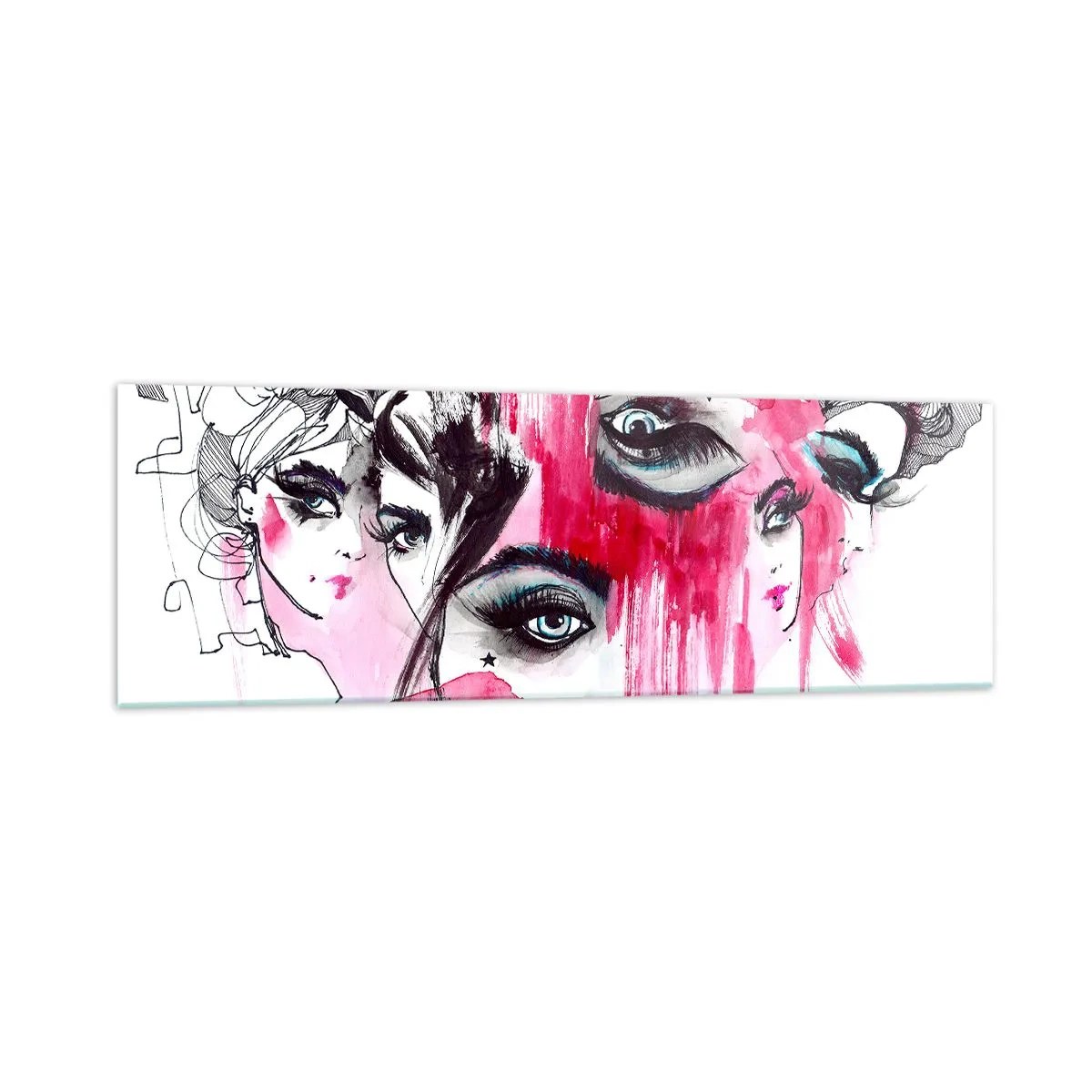 Glasbild - Bild auf glas - Abstraktes Gesicht in Rosa- und Schwarztönen - 160x50cm - Abstrakte Augen - Moderne Wanddekoration für Wohnzimmer und Schlafzimmer ARTTOR