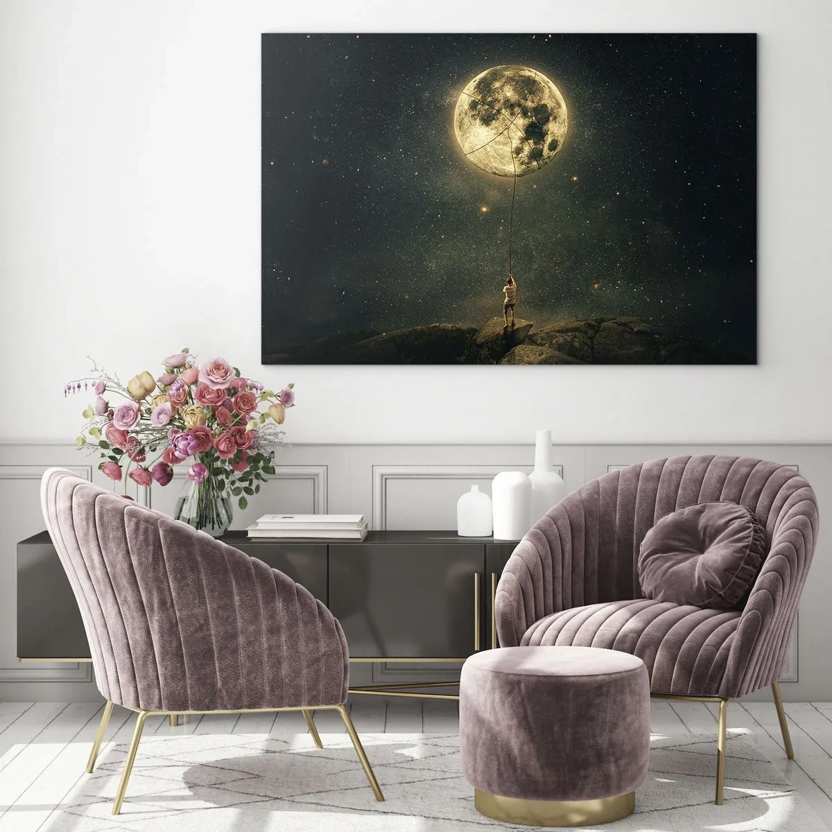 Glasbild - Bild auf glas - Eine Figur auf einem Felsen hält den Mond, der an einem Seil gefangen ist. - 70x50cm - Der Mann, der den Mond gestohlen hat - Moderne Wanddekoration für Wohnzimmer und Schlafzimmer ARTTOR