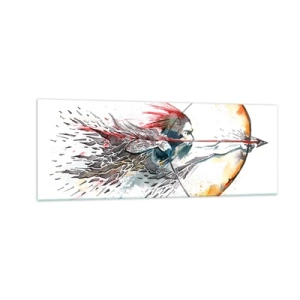 Glasbild - Bild auf glas - Dynamisches Aquarell eines Kriegers mit Pfeil und Bogen - 140x50cm - Mythischer Krieger mit feurigem Bogen - Moderne Wanddekoration für Wohnzimmer und Schlafzimmer ARTTOR