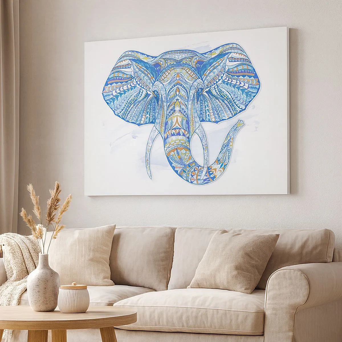 Bild auf Leinwand - Leinwandbild - Geometrischer Elefant in Blau- und Goldtönen - 70x50cm - In Gold und Blau eingelegt - Moderne Wanddekoration für Wohnzimmer und Schlafzimmer ARTTOR