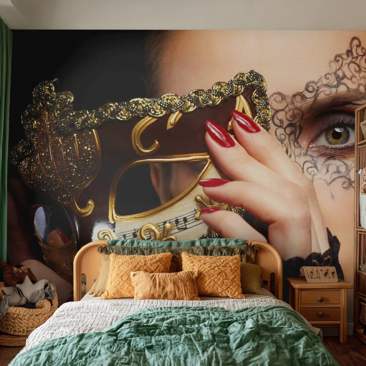 Fototapete Premium Sand - Geheimnisvolle Frau in einer goldenen venezianischen Maske - 100x70cm - Meine Welt ist barock - Moderne Wanddekoration für Wohnzimmer und Schlafzimmer ARTTOR