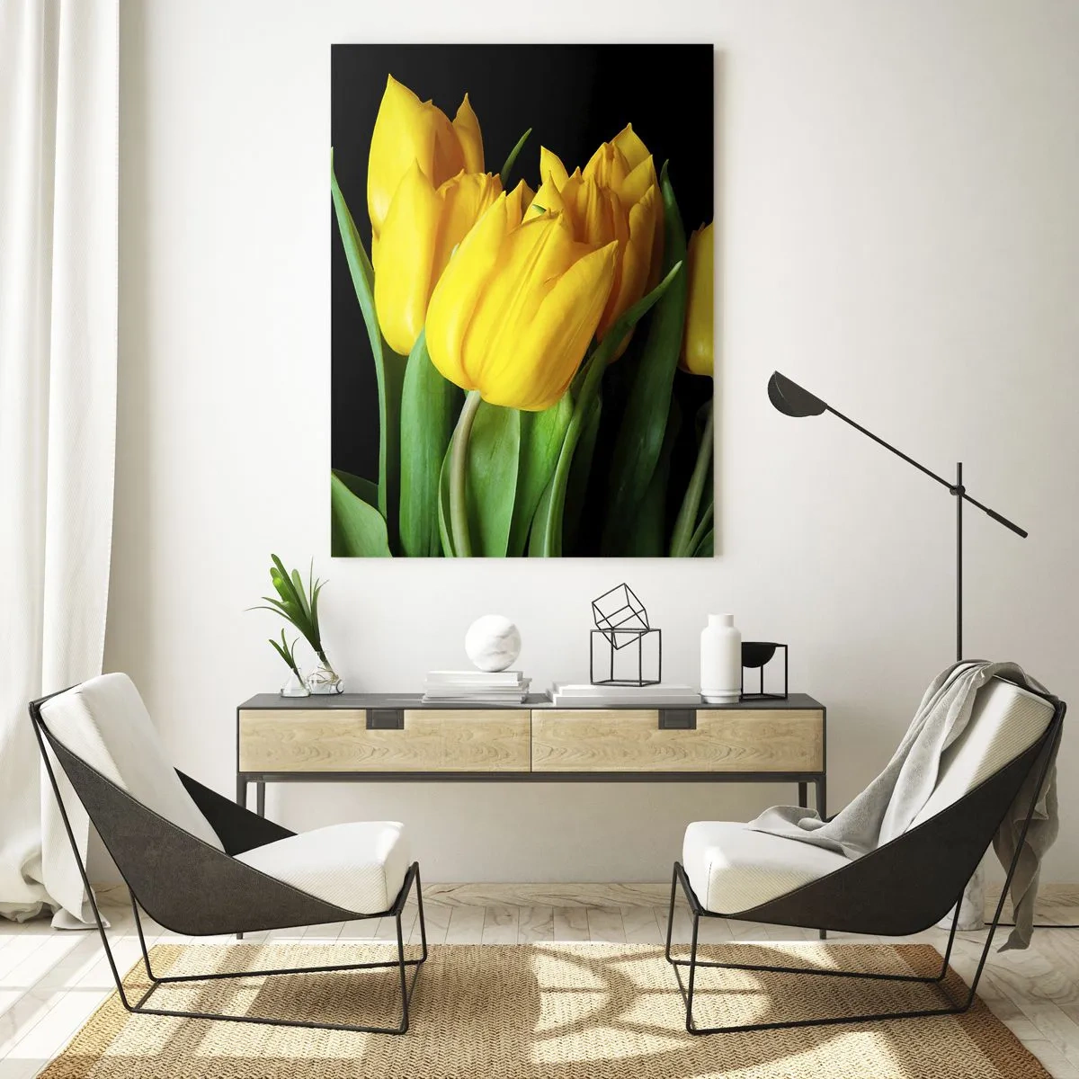 Glasbild - Bild auf glas - Gelbe Tulpen auf schwarzem Hintergrund in einer eleganten Aufnahme - 50x70cm - Aus klarer Sonne entstanden - Moderne Wanddekoration für Wohnzimmer und Schlafzimmer ARTTOR
