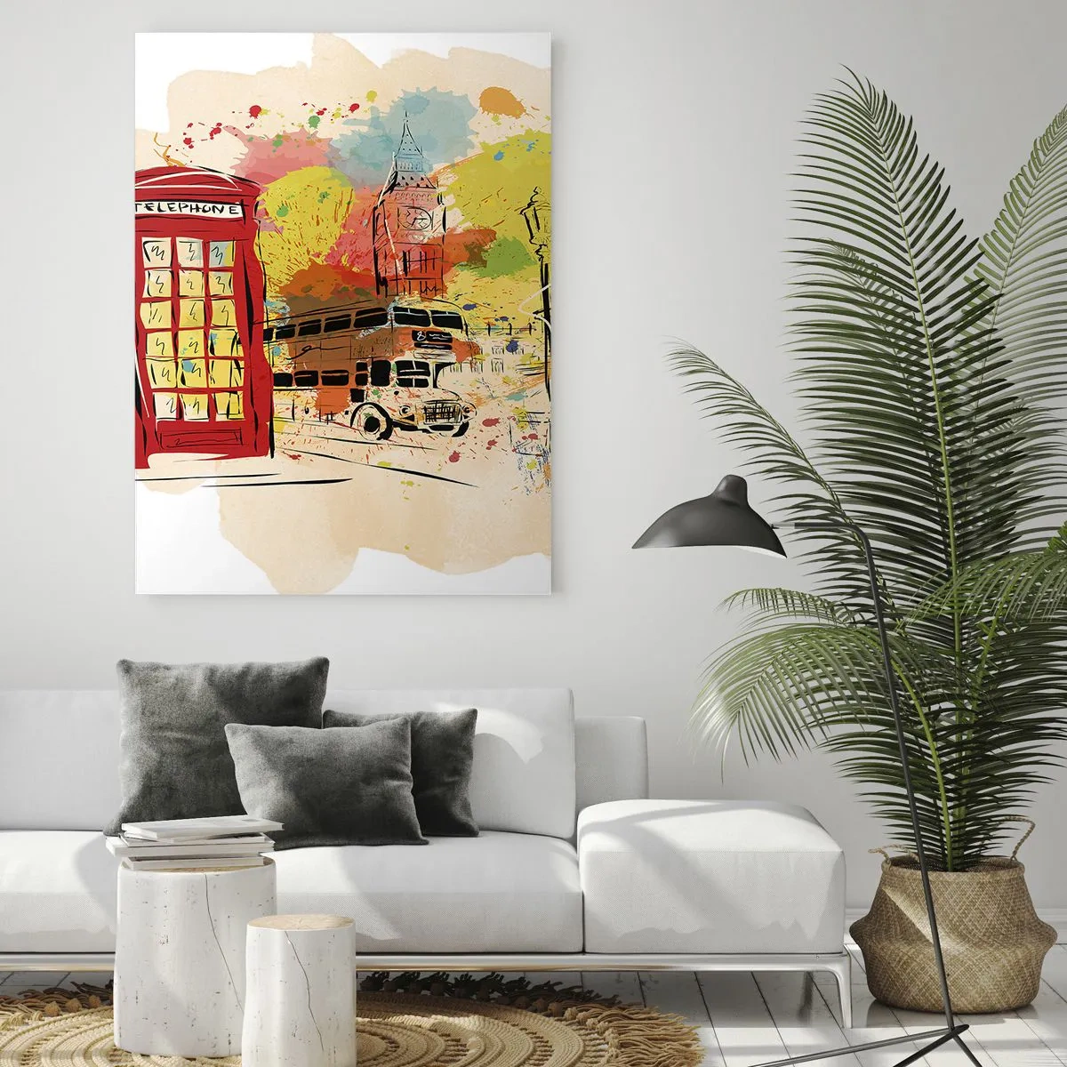 Glasbild - Bild auf glas - London-Thema mit rotem Bus und Stand - 80x120cm - Die Stadt der Vielfalt - Moderne Wanddekoration für Wohnzimmer und Schlafzimmer ARTTOR