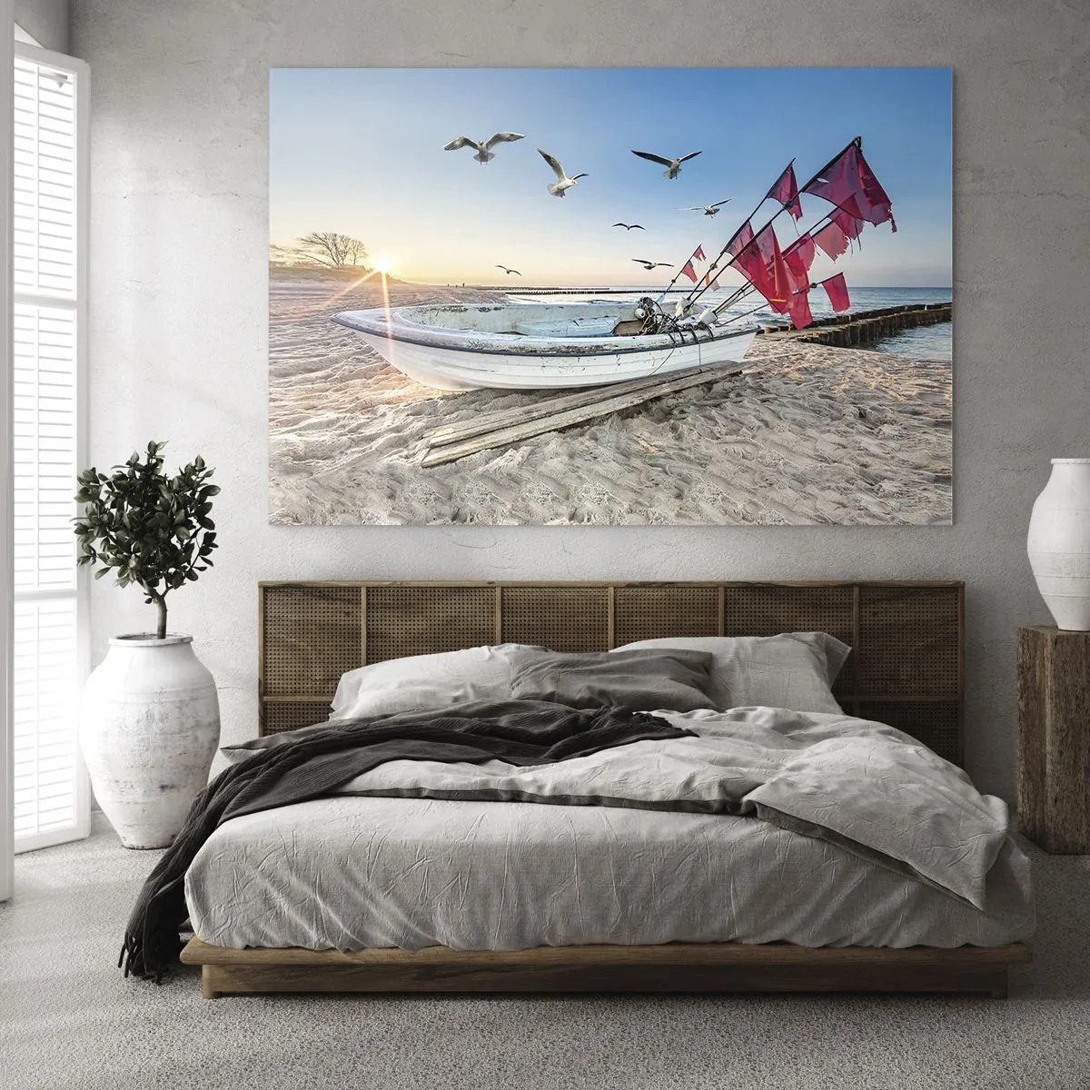 Glasbild - Bild auf glas - Fischerboot am Strand bei Sonnenaufgang - 100x70cm - Wohlverdiente Ruhe - Moderne Wanddekoration für Wohnzimmer und Schlafzimmer ARTTOR
