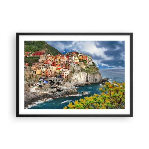 Poster in einem schwarzem Rahmen - Bunte Häuser auf einer Klippe mit Blick auf das Meer in Cinque Terre - 70x50cm - Eine Gruppe umarmt die Felsen - Moderne Wanddekoration für Wohnzimmer und Schlafzimmer ARTTOR