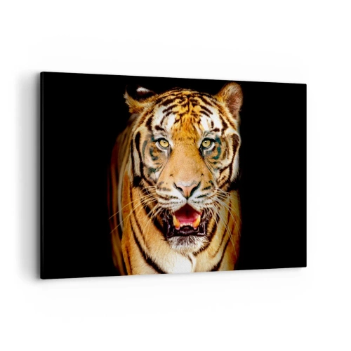 Bild auf Leinwand - Leinwandbild - Ein Tiger mit offenem Maul auf schwarzem Hintergrund - 120x80cm - Wild im Herzen - Moderne Wanddekoration für Wohnzimmer und Schlafzimmer ARTTOR