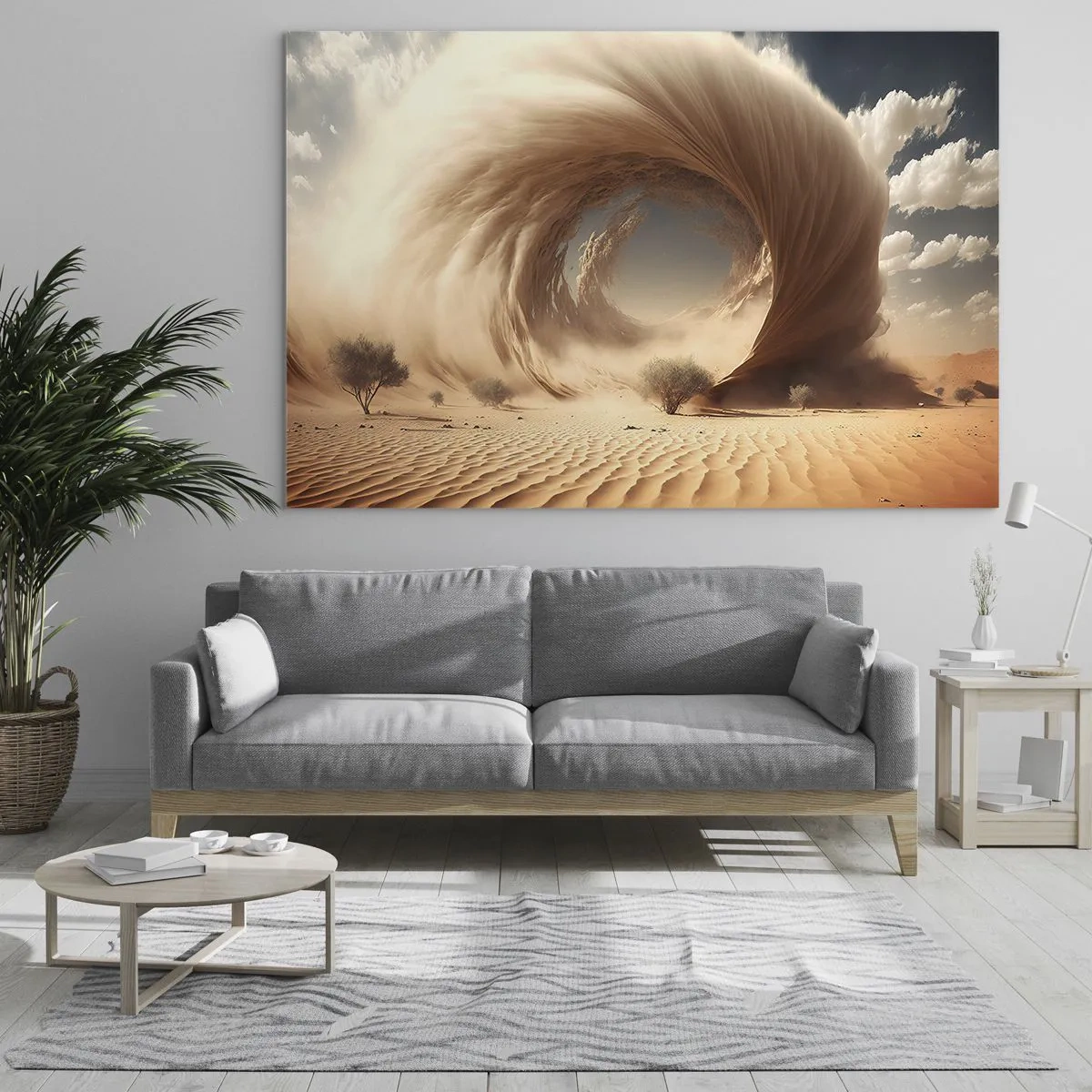 Glasbild - Bild auf glas - Ein Wüstensandwirbel erzeugt ein Portal vom Himmel und den Dünen. - 70x50cm - Geöffnetes Portal - Moderne Wanddekoration für Wohnzimmer und Schlafzimmer ARTTOR