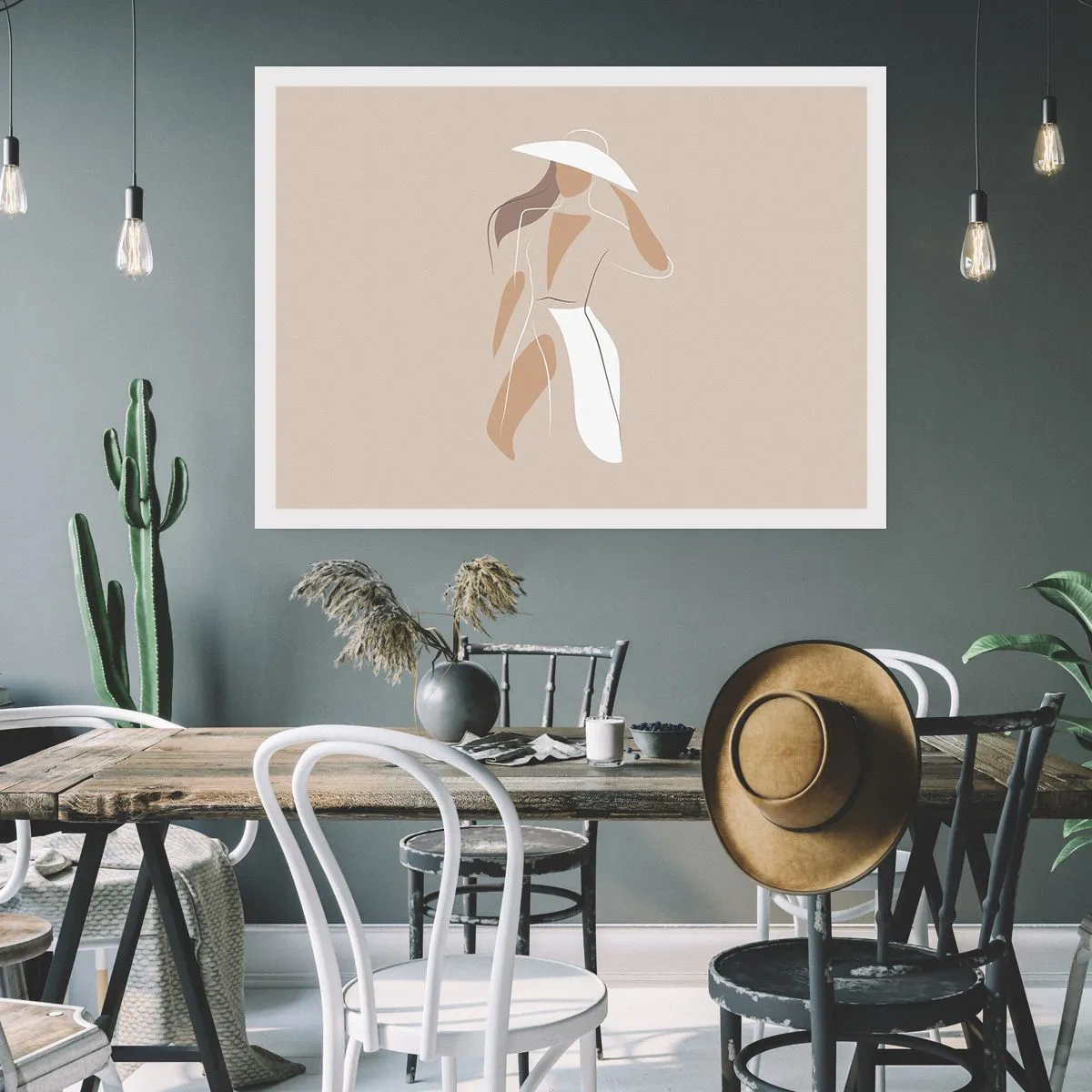 Poster - Eine minimalistische Zeichnung einer Frau mit Hut auf beigem Hintergrund. - 100x70cm - Mode macht Spaß - Moderne Wanddekoration für Wohnzimmer und Schlafzimmer ARTTOR