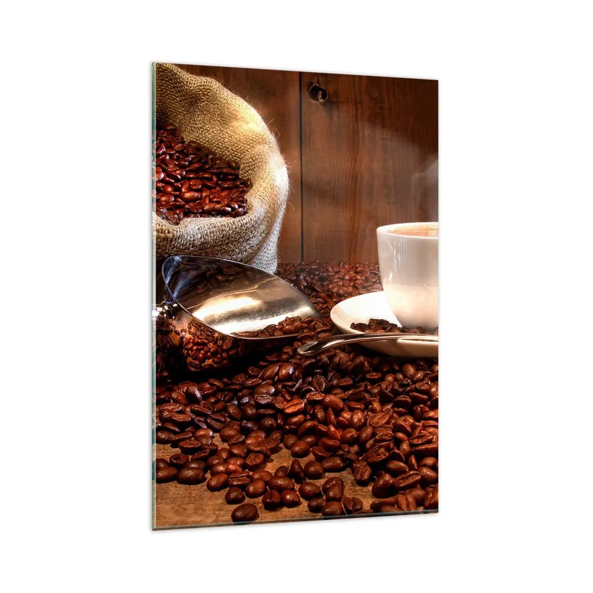 Glasbild - Bild auf glas - Eine Tasse Kaffee mit Kaffeebohnen und einem Getreidesack im Hintergrund - 80x120cm - Fühlst du diesen Geruch? - Moderne Wanddekoration für Wohnzimmer und Schlafzimmer ARTTOR