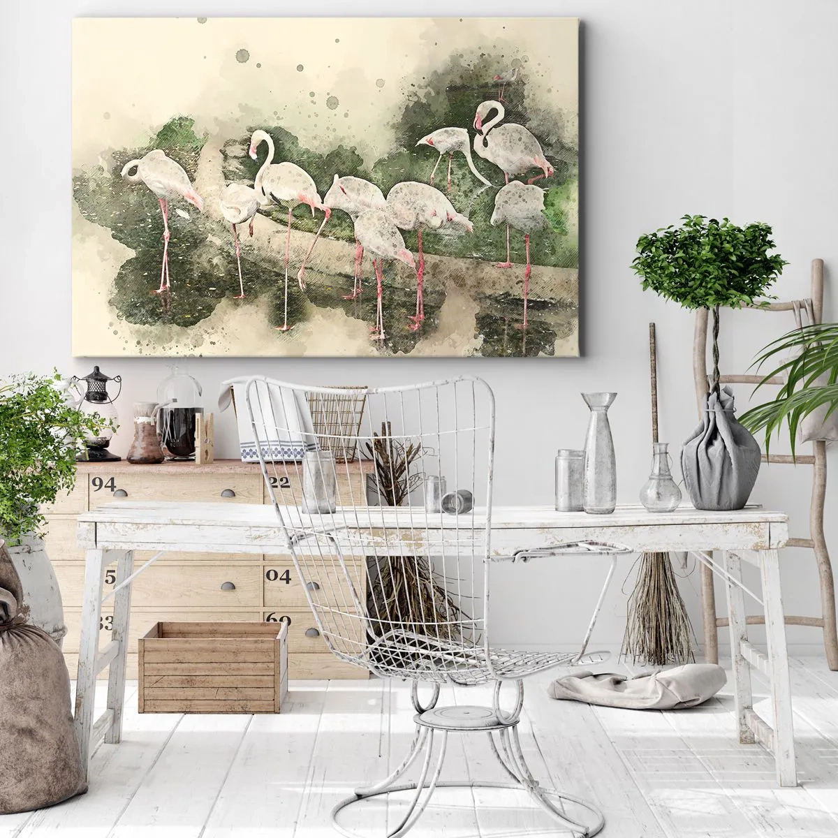 Bild auf Leinwand - Leinwandbild - Flamingos in ihrer natürlichen Umgebung im Aquarellstil - 100x70cm - Exotischer Traum - Moderne Wanddekoration für Wohnzimmer und Schlafzimmer ARTTOR