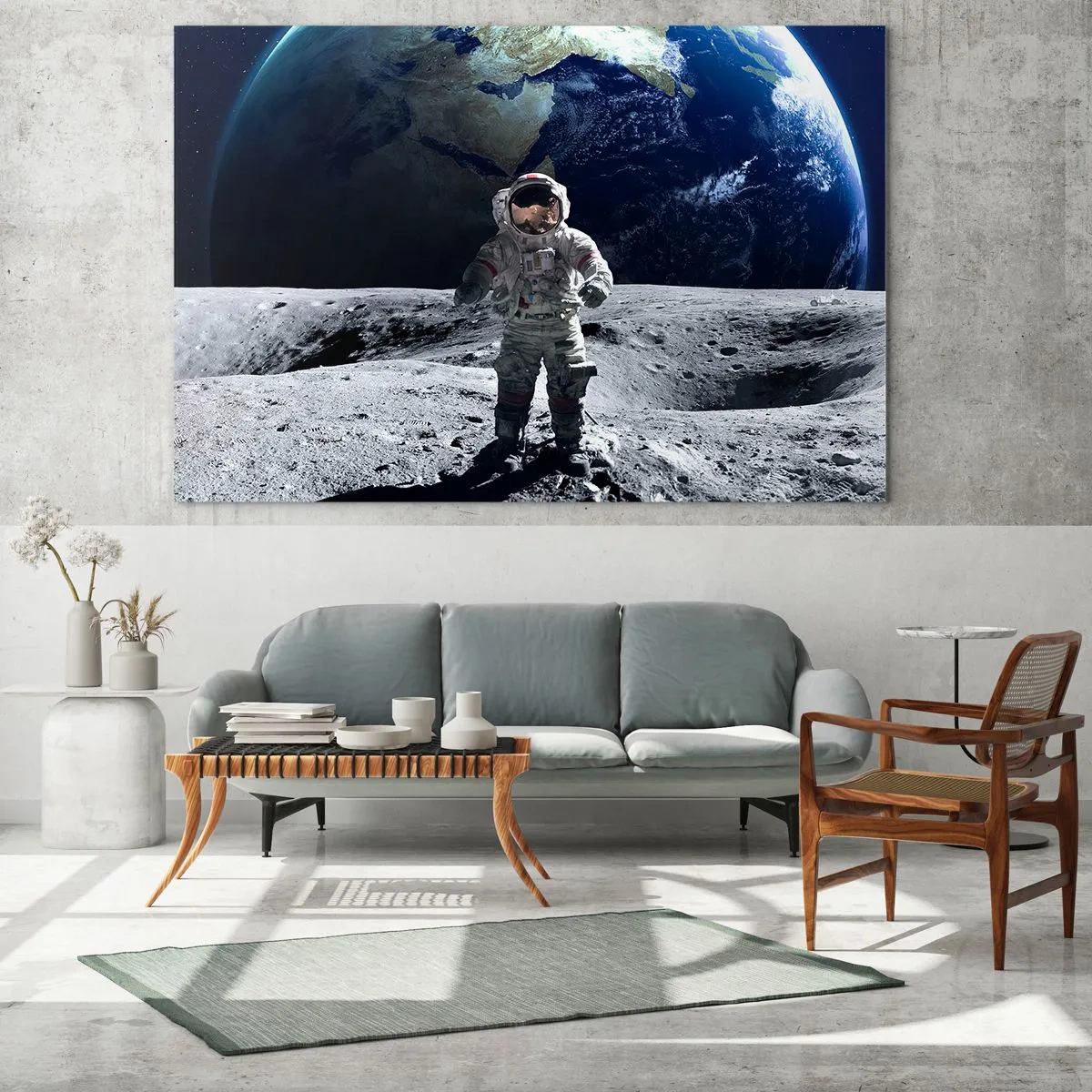 Glasbild - Bild auf glas - Astronaut auf der Mondoberfläche mit der Erde im Hintergrund - 70x50cm - Grüße vom Mond - Moderne Wanddekoration für Wohnzimmer und Schlafzimmer ARTTOR