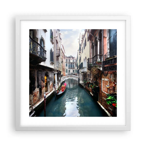 Poster in einem weißen Rahmen - Venezianische Landschaft mit Gondel und Brücke - 40x40 cm