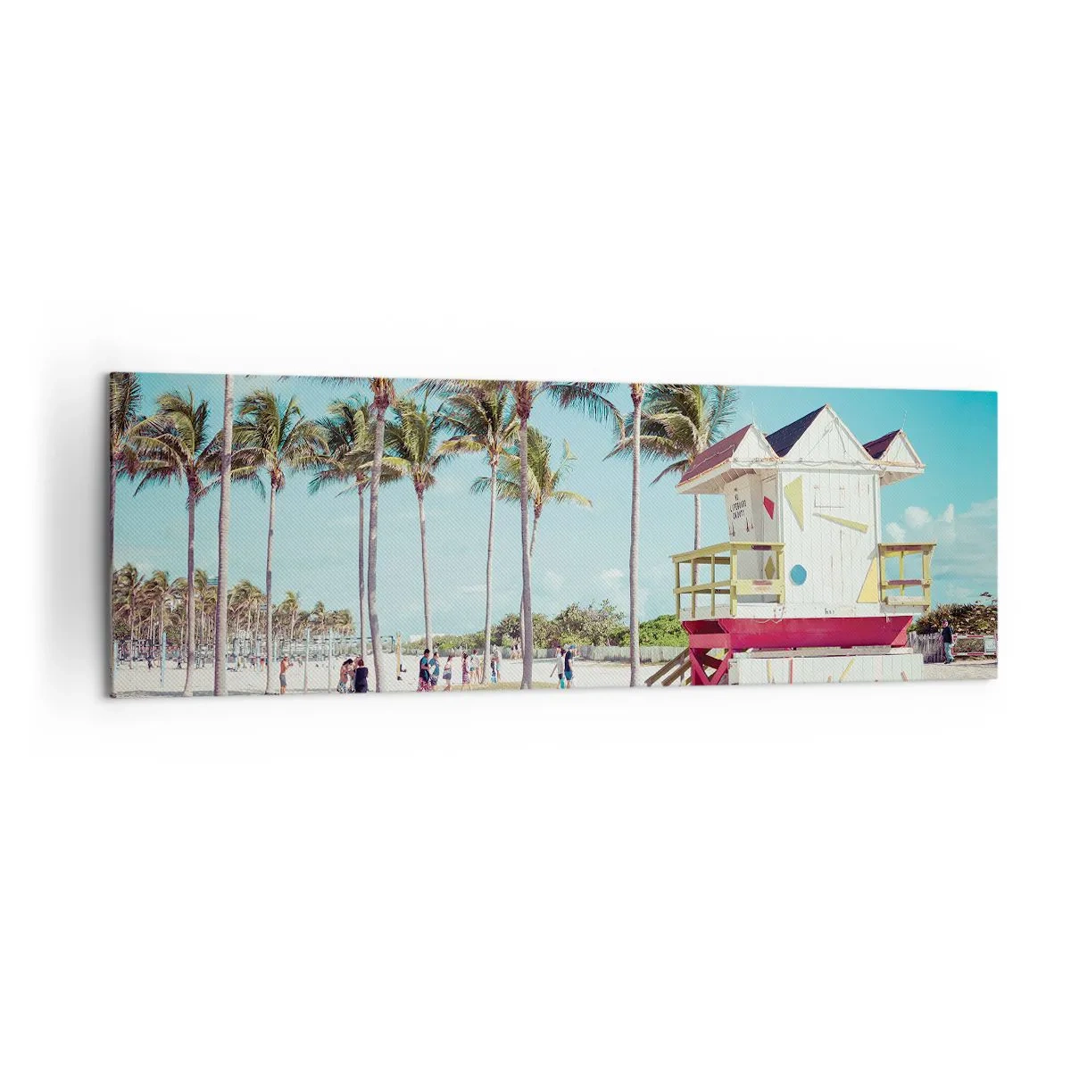 Bild auf Leinwand - Leinwandbild - Ein Strand mit Palmen und einem Rettungsschwimmerturm im Hintergrund - 160x50cm - Dir steht ein schöner Tag bevor - Moderne Wanddekoration für Wohnzimmer und Schlafzimmer ARTTOR