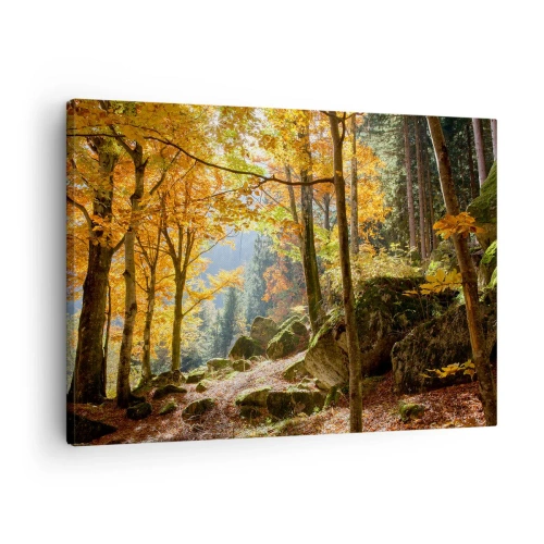 Bild auf Leinwand - Leinwandbild - Ein Herbstwald voller goldener Blätter und Sonnenlicht - 70x50cm - Zeit zum Entspannen - Moderne Wanddekoration für Wohnzimmer und Schlafzimmer ARTTOR