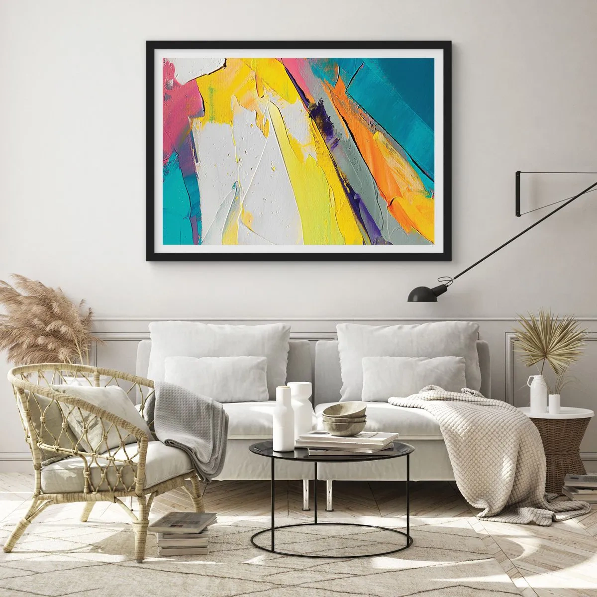 Poster in einem schwarzem Rahmen - Eine abstrakte Komposition in intensiven Farben - 100x70cm - Die Anatomie des Lichts - Moderne Wanddekoration für Wohnzimmer und Schlafzimmer ARTTOR