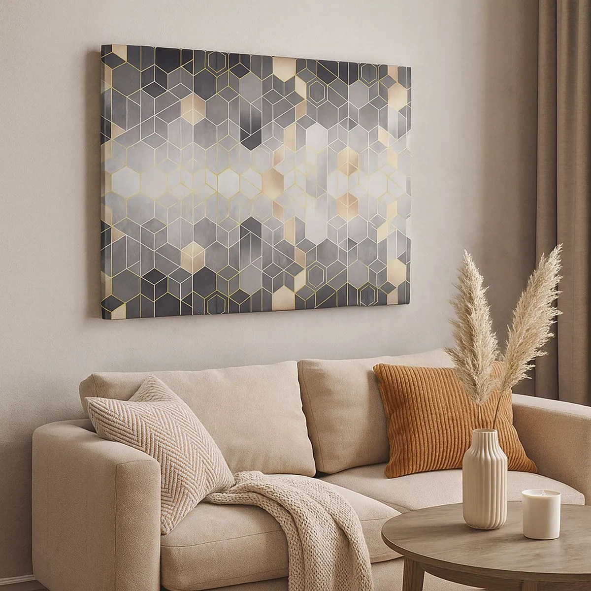 Bild auf Leinwand - Leinwandbild - Geometrisches Muster in goldenen Farbtönen - 70x50cm - Diamant-Komposition - Moderne Wanddekoration für Wohnzimmer und Schlafzimmer ARTTOR