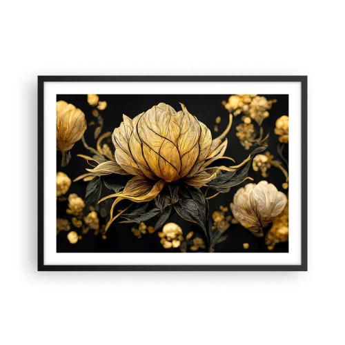 Poster in einem schwarzem Rahmen - Goldene Blume auf dunklem Hintergrund - 70x50cm - Subtile Zerbrechlichkeit - Moderne Wanddekoration für Wohnzimmer und Schlafzimmer ARTTOR