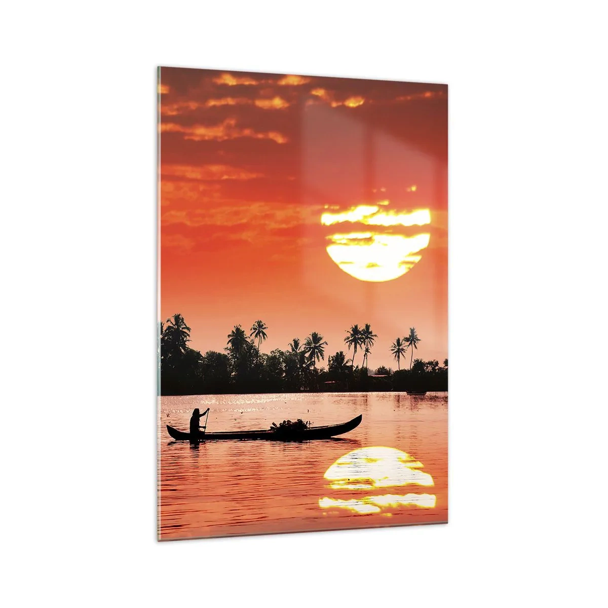 Glasbild - Bild auf glas - Tropischer Sonnenuntergang mit einem Boot und Palmen im Hintergrund - 70x100cm - Die Ruhe der Tropen bei Sonnenuntergang - Moderne Wanddekoration für Wohnzimmer und Schlafzimmer ARTTOR