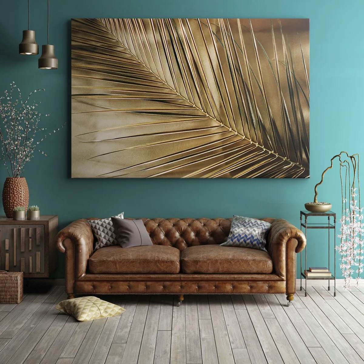 Bild auf Leinwand - Leinwandbild - Goldenes Palmblatt auf einem einfarbigen Hintergrund - 100x70cm - Natürliche Kolonnade - Moderne Wanddekoration für Wohnzimmer und Schlafzimmer ARTTOR
