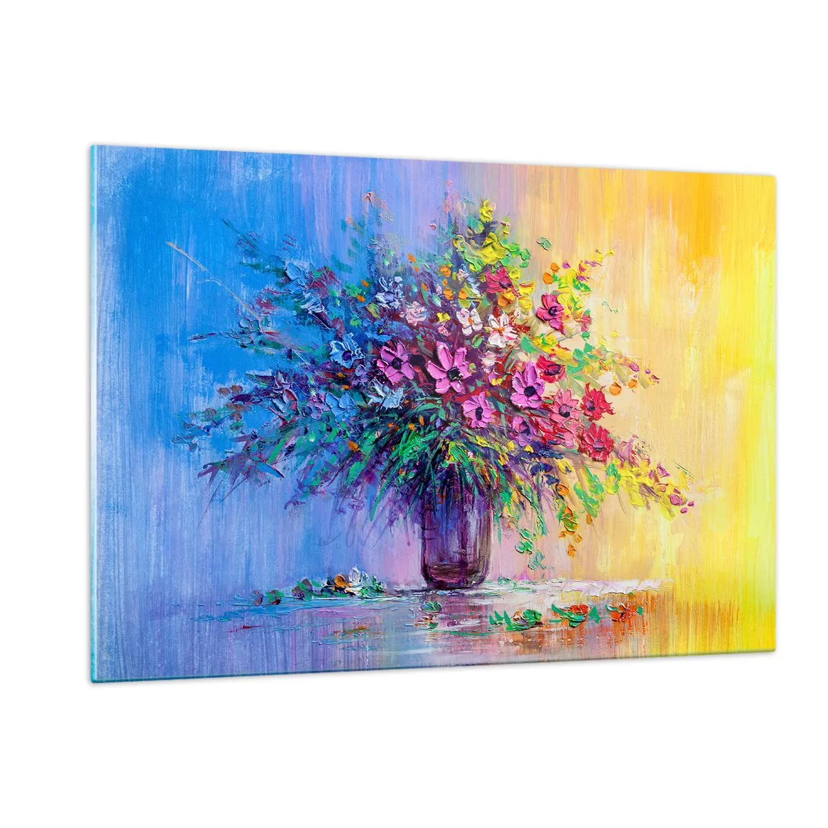 Glasbild - Bild auf glas - Ein bunter Blumenstrauß in einer Vase auf abstraktem Hintergrund - 120x80cm - Sommergeschenk der Wiese - Moderne Wanddekoration für Wohnzimmer und Schlafzimmer ARTTOR