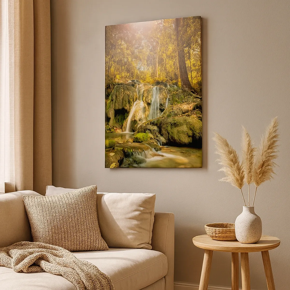 Bild auf Leinwand - Leinwandbild - Ein Waldwasserfall in den Sonnenstrahlen, umgeben von Grün - 50x70cm - Waldkaskade im Grünen - Moderne Wanddekoration für Wohnzimmer und Schlafzimmer ARTTOR