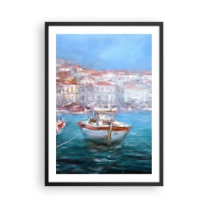 Poster in einem schwarzem Rahmen - Ein Boot im Hafen, mit Blick auf die Stadt - 50x70cm - Italienische Bucht - Moderne Wanddekoration für Wohnzimmer und Schlafzimmer ARTTOR