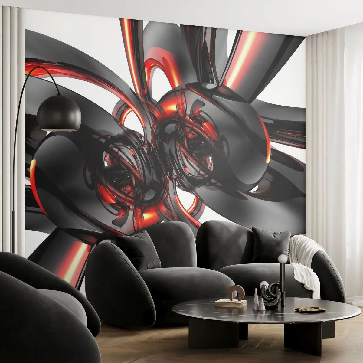Fototapete Premium Canvas - Abstrakte 3D-Grafiken mit schwarzen und roten Elementen - 100x70cm - Uhrwerk in Graphit und Rot - Moderne Wanddekoration für Wohnzimmer und Schlafzimmer ARTTOR