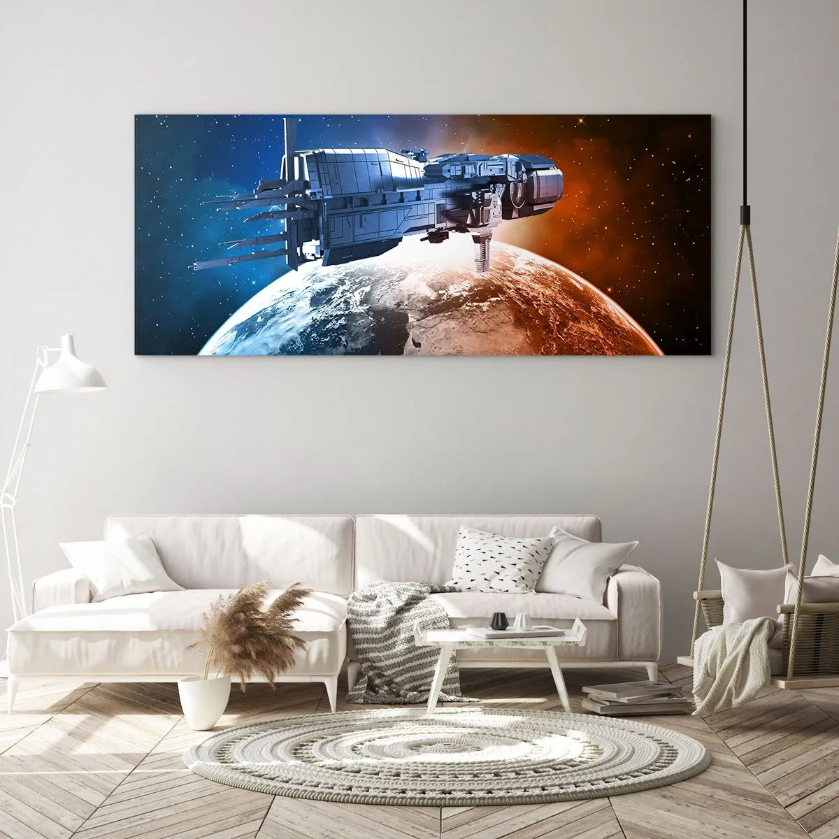 Glasbild - Bild auf glas - Ein Raumschiff vor dem Hintergrund eines Planeten im Weltraum - 120x50cm - Ein aufmerksamer Beobachter - Moderne Wanddekoration für Wohnzimmer und Schlafzimmer ARTTOR