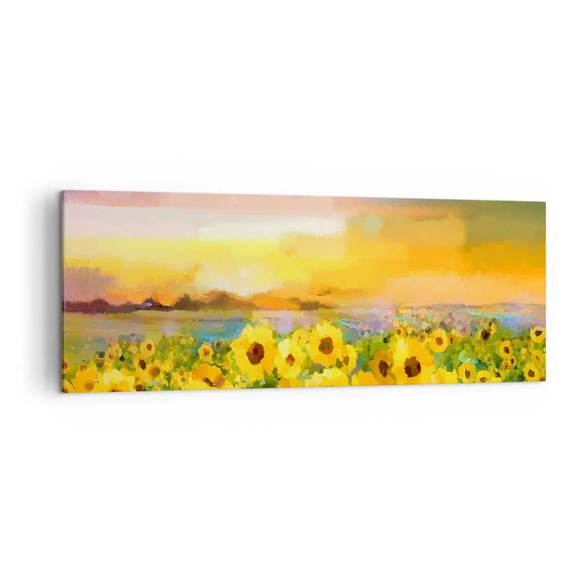 Bild auf Leinwand - Leinwandbild - Ein Sonnenblumenfeld im Licht der untergehenden Sonne - 140x50cm - Die Sonne selbst ist auf die Erde herabgestiegen - Moderne Wanddekoration für Wohnzimmer und Schlafzimmer ARTTOR