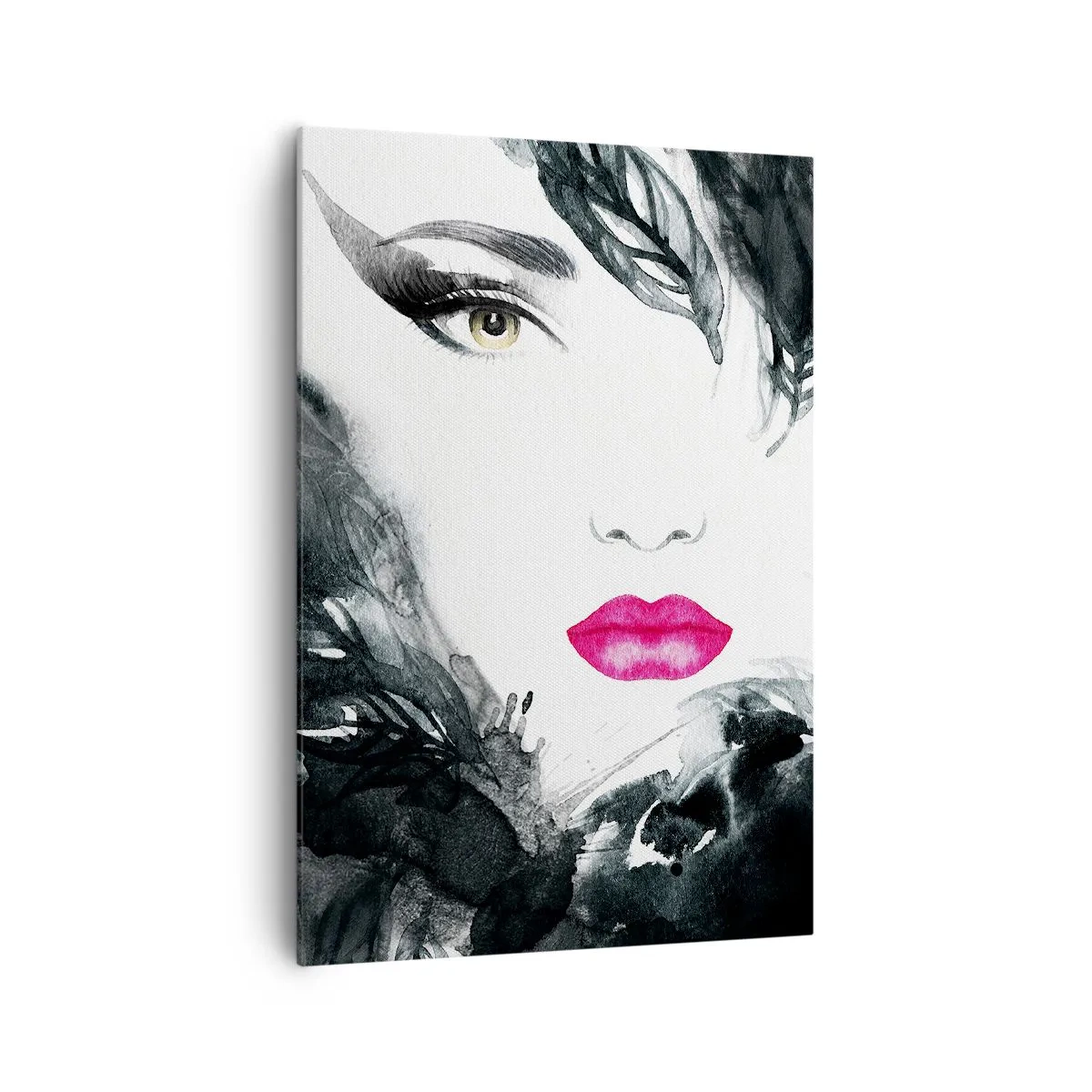 Bild auf Leinwand - Leinwandbild - Künstlerisches Porträt einer Frau mit intensiv rosa Lippen - 70x100cm - Beachtung! Femme fatale - Moderne Wanddekoration für Wohnzimmer und Schlafzimmer ARTTOR