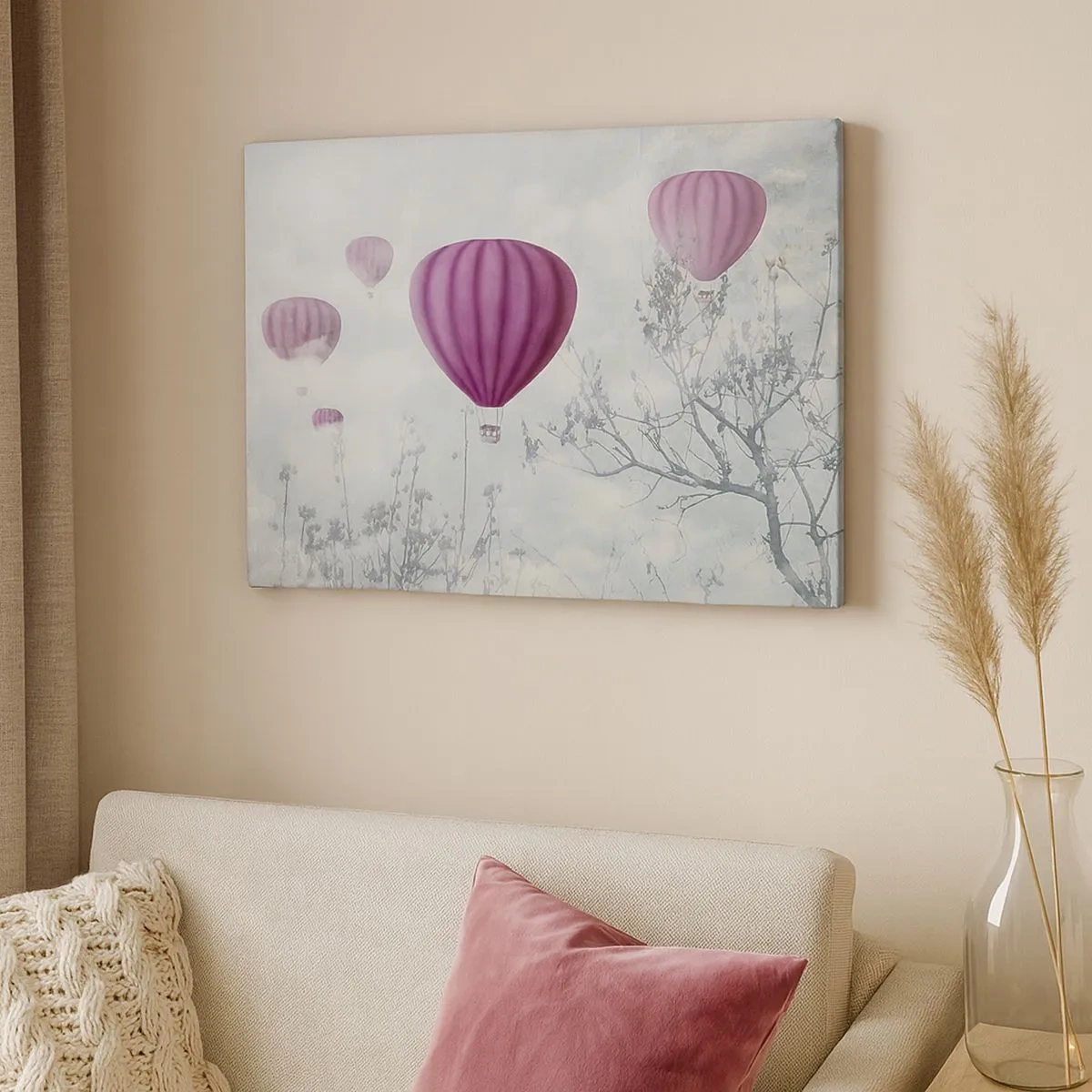 Bild auf Leinwand - Leinwandbild - Lila Ballons schweben über den Bäumen in den Wolken - 70x50cm - Wie Schiffe am Himmel - Moderne Wanddekoration für Wohnzimmer und Schlafzimmer ARTTOR
