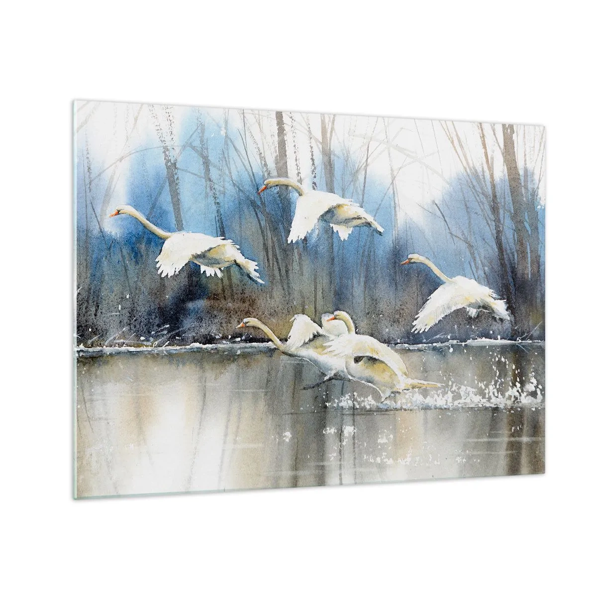 Glasbild - Bild auf glas - Wilde Schwäne fliegen über einen friedlichen Waldsee - 70x50cm - Wie im Märchen von den wilden Schwänen - Moderne Wanddekoration für Wohnzimmer und Schlafzimmer ARTTOR