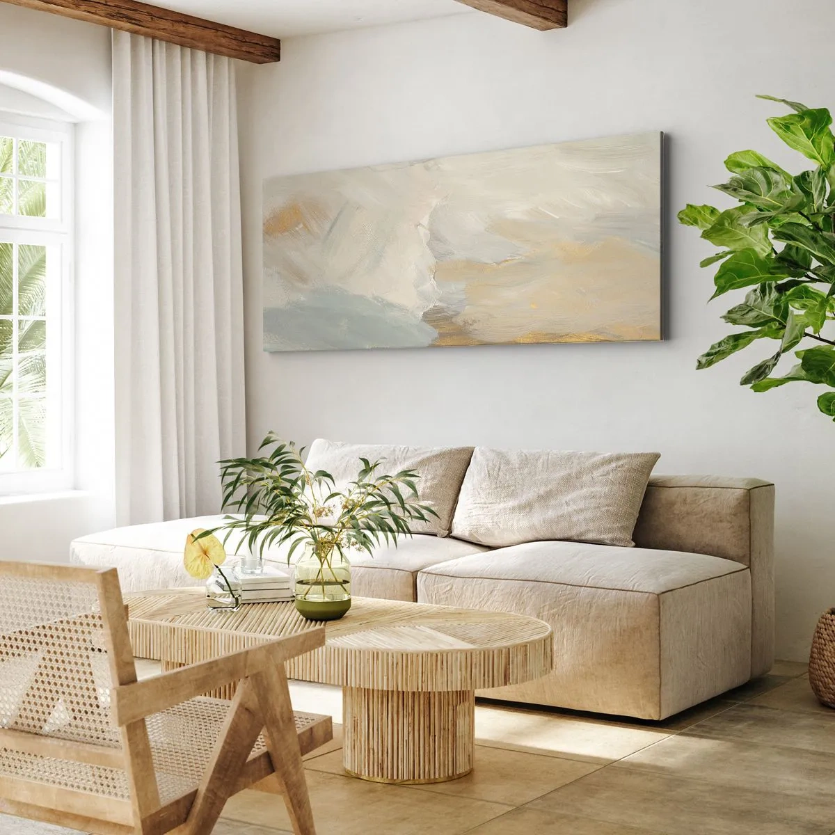 Bild auf Leinwand - Leinwandbild - Zarte abstrakte Striche in Weiß- und Goldtönen - 160x50cm - Abstraktion – das Land der Sanftheit - Moderne Wanddekoration für Wohnzimmer und Schlafzimmer ARTTOR