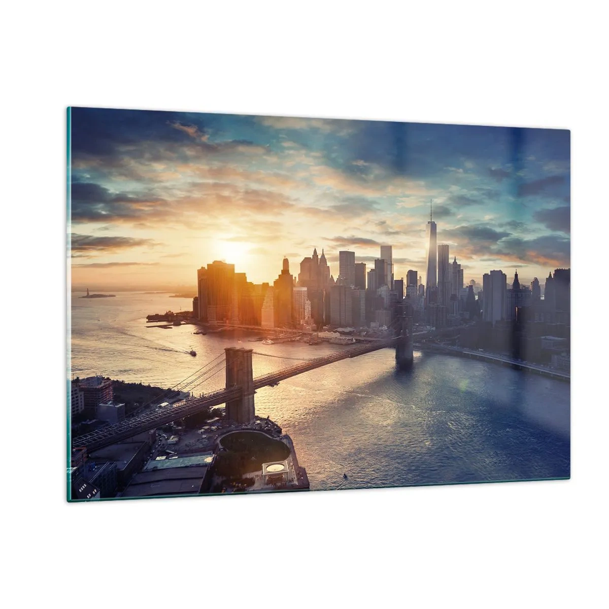Glasbild - Bild auf glas - Blick auf die Stadt bei Sonnenuntergang mit der Brücke im Vordergrund - 120x80cm - Westliches Kulturdenkmal - Moderne Wanddekoration für Wohnzimmer und Schlafzimmer ARTTOR