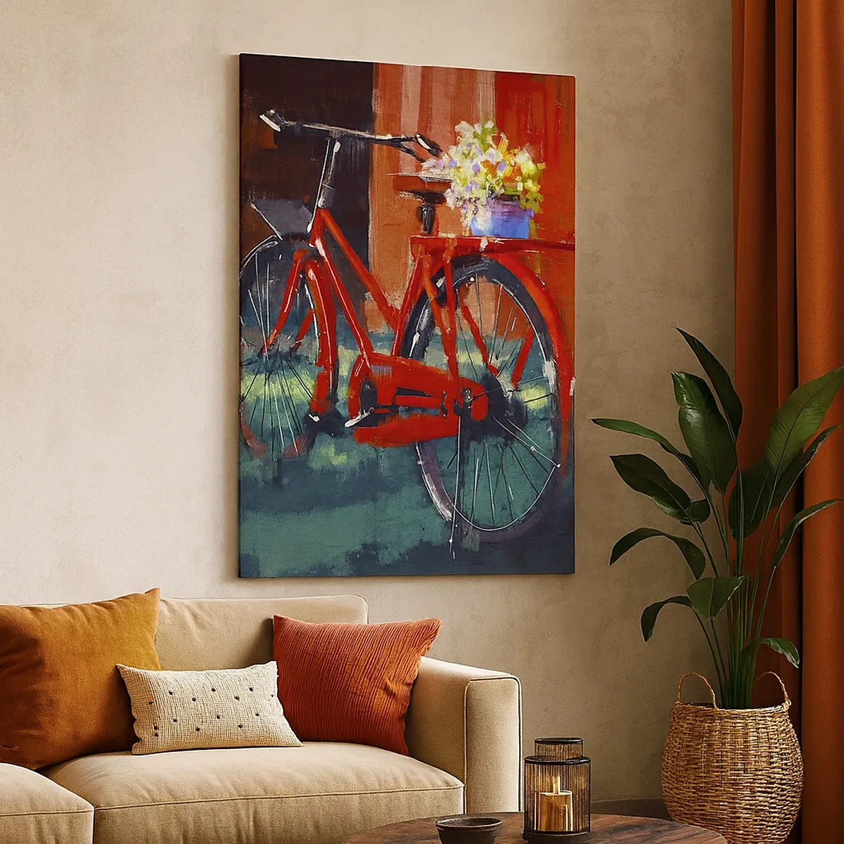 Bild auf Leinwand - Leinwandbild - Ein rotes Fahrrad mit Blumen vor einer orangefarbenen Wand - 50x70cm - Ich möchte mit meinem Fahrrad fahren - Moderne Wanddekoration für Wohnzimmer und Schlafzimmer ARTTOR